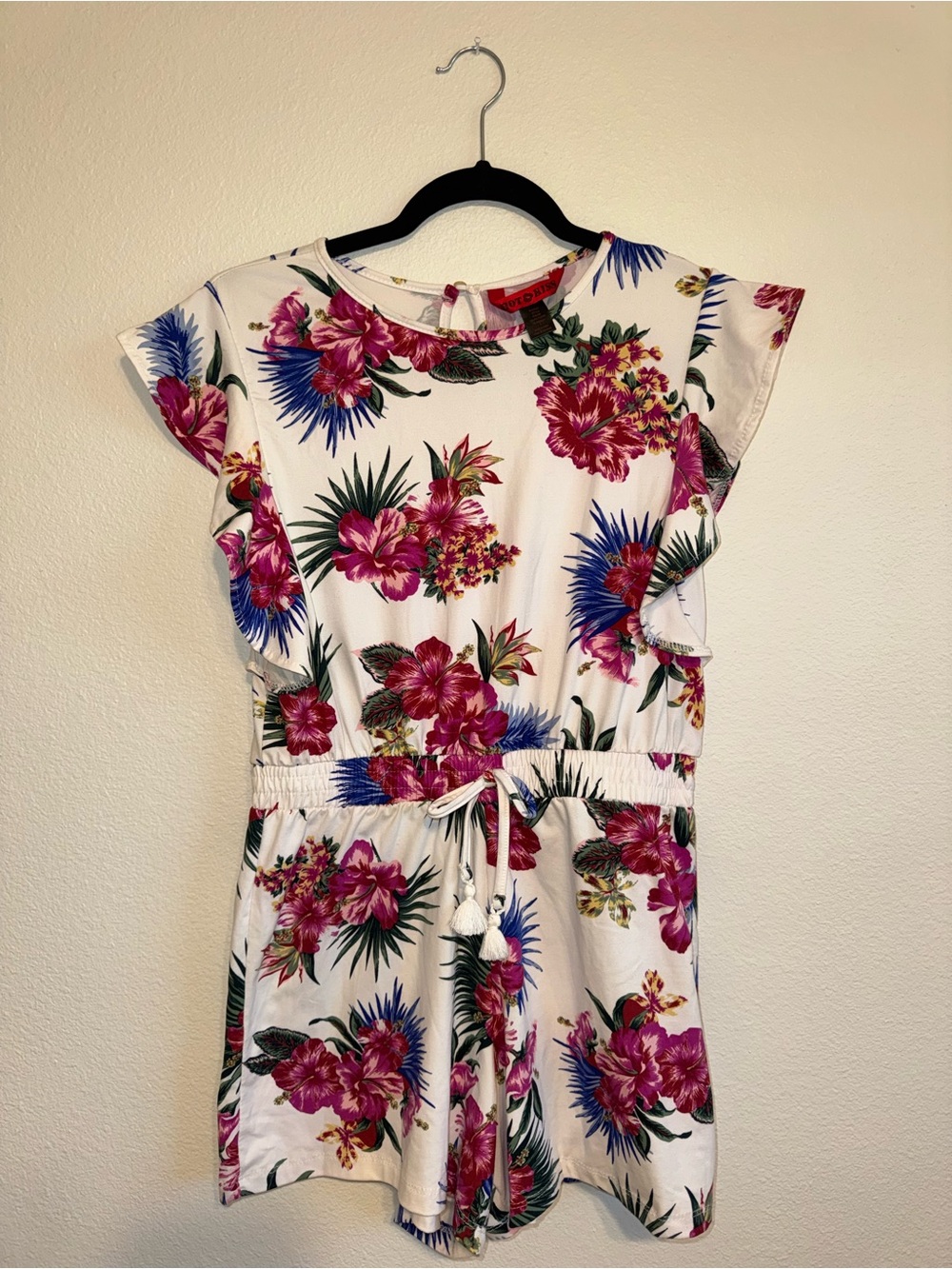 White Floral Tie-Waist Romper with Pink & Blue Blooms